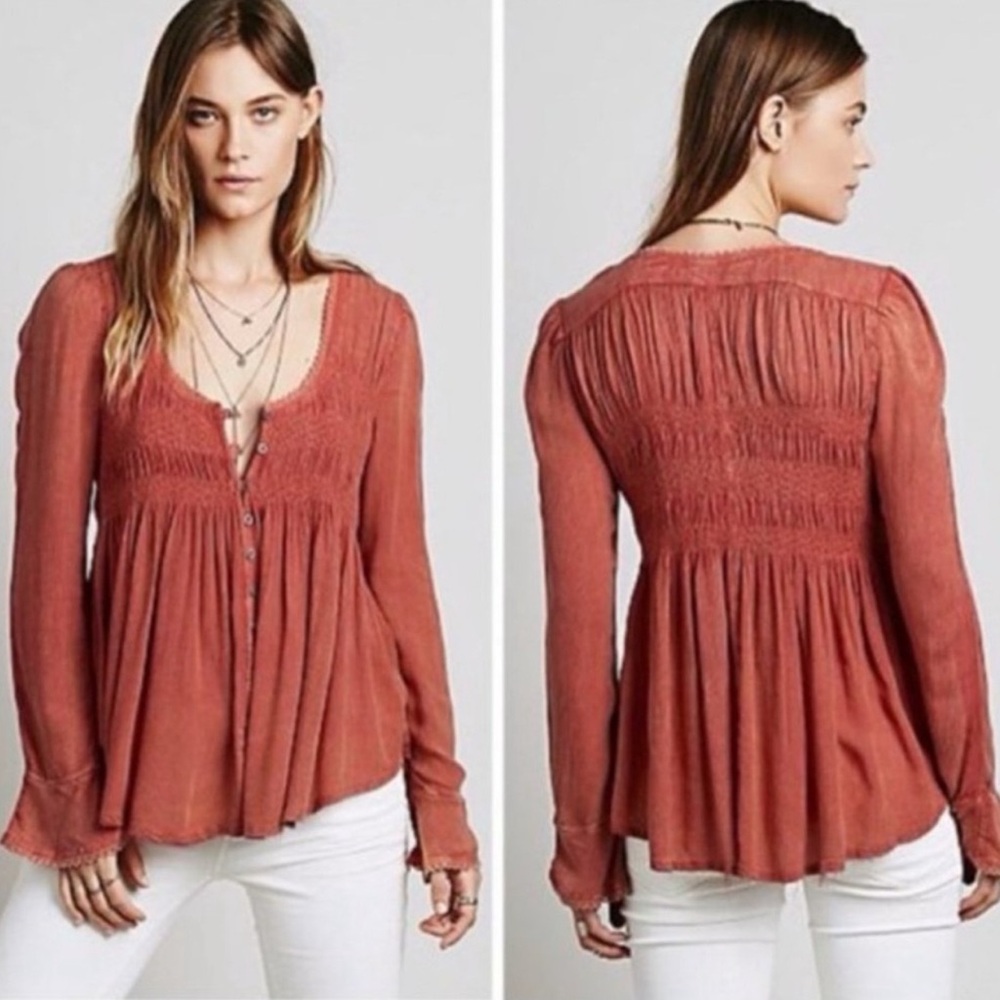 Free People Brown Smocked Long Sleeve Blouse
